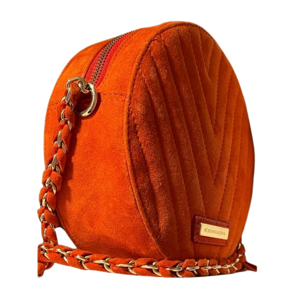 BCBG MaxAzria Orange Faux Suede Quilted Chevron Round Crossbody - Picture 7 of 16